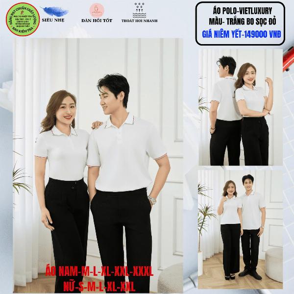 Áo Polo VIETLUXURY Màu Trắng Bo Sọc Đỏ